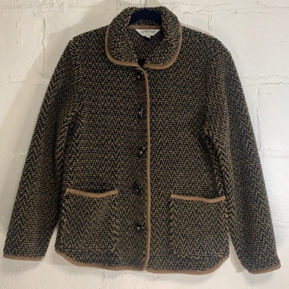 Orvis Black & Brown Chevron Berber Sherpa Toggle Button Fleece Jacket Sz M - Picture 3 of 8